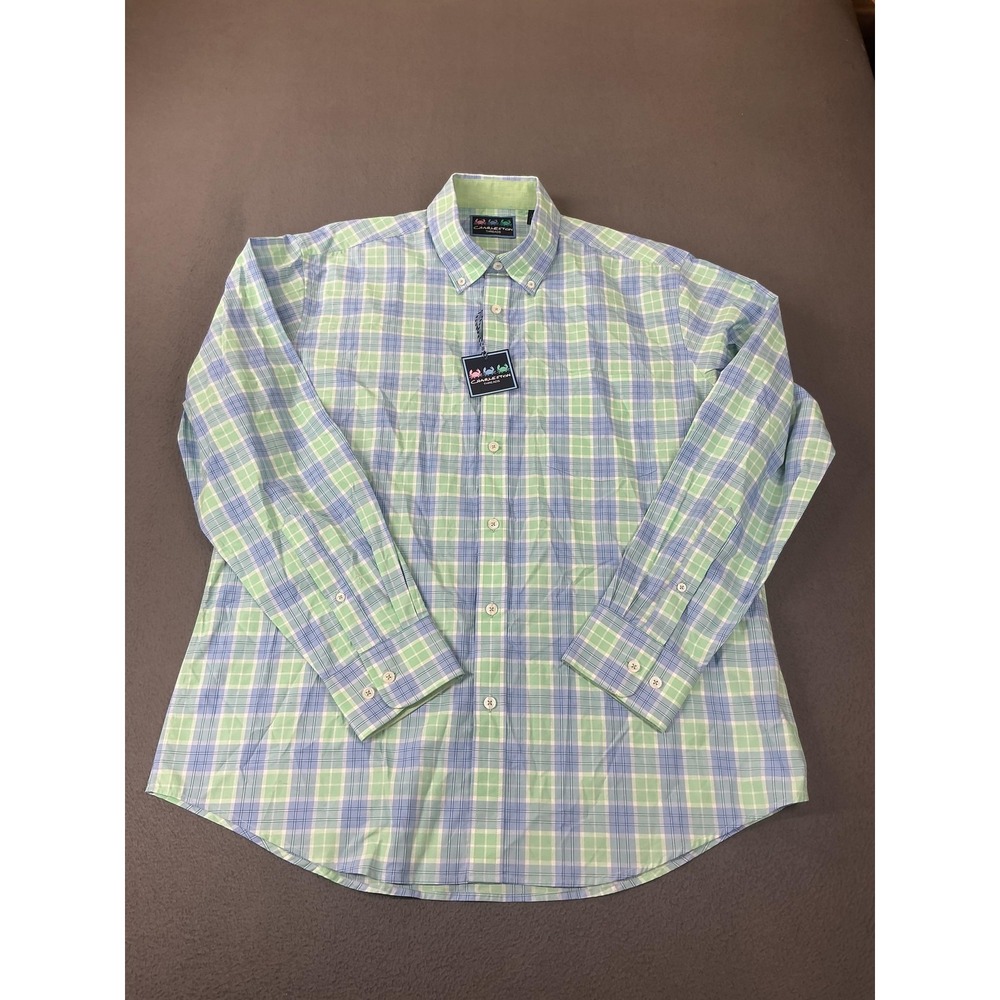 Charleston Threads Shirt Mens L Green Blue Plaid Long Sleeve Button Up Cotton